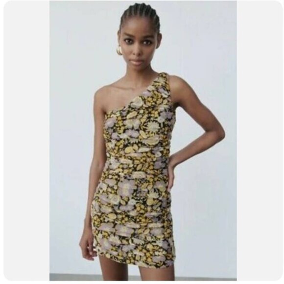 Zara One Shoulder Floral Mini Dress Small - NEW - Picture 1 of 4